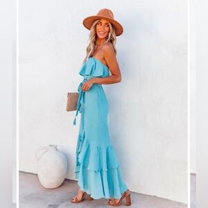 Rosemont Cotton Linen Strapless High Low Maxi Dress - Blue - Medium